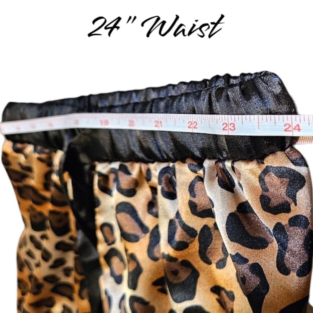 Wmns Satin Leopard Print Pajama Set Sz S Cheetah Shorts & Long Sleeve Button Up - Picture 9 of 13